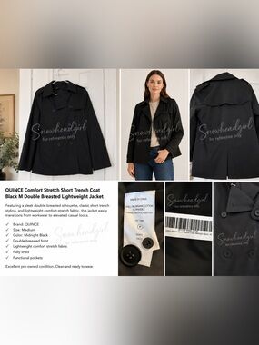 Quince Comfort Stretch Short Trench Coat Black M Double Breasted Light Weight